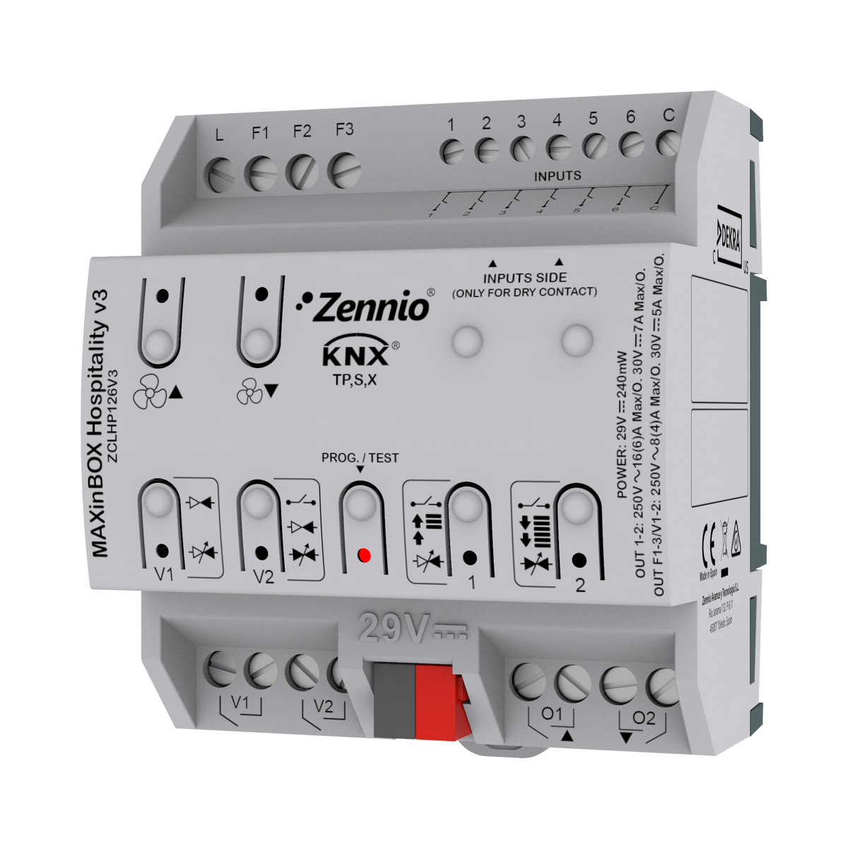 Zennio MAXinBOX Hospitality v3 – Fan coil controller for 2/4-pipe unit with 2 16A C-load outputs and 6 a/d inputs with KNX Secure