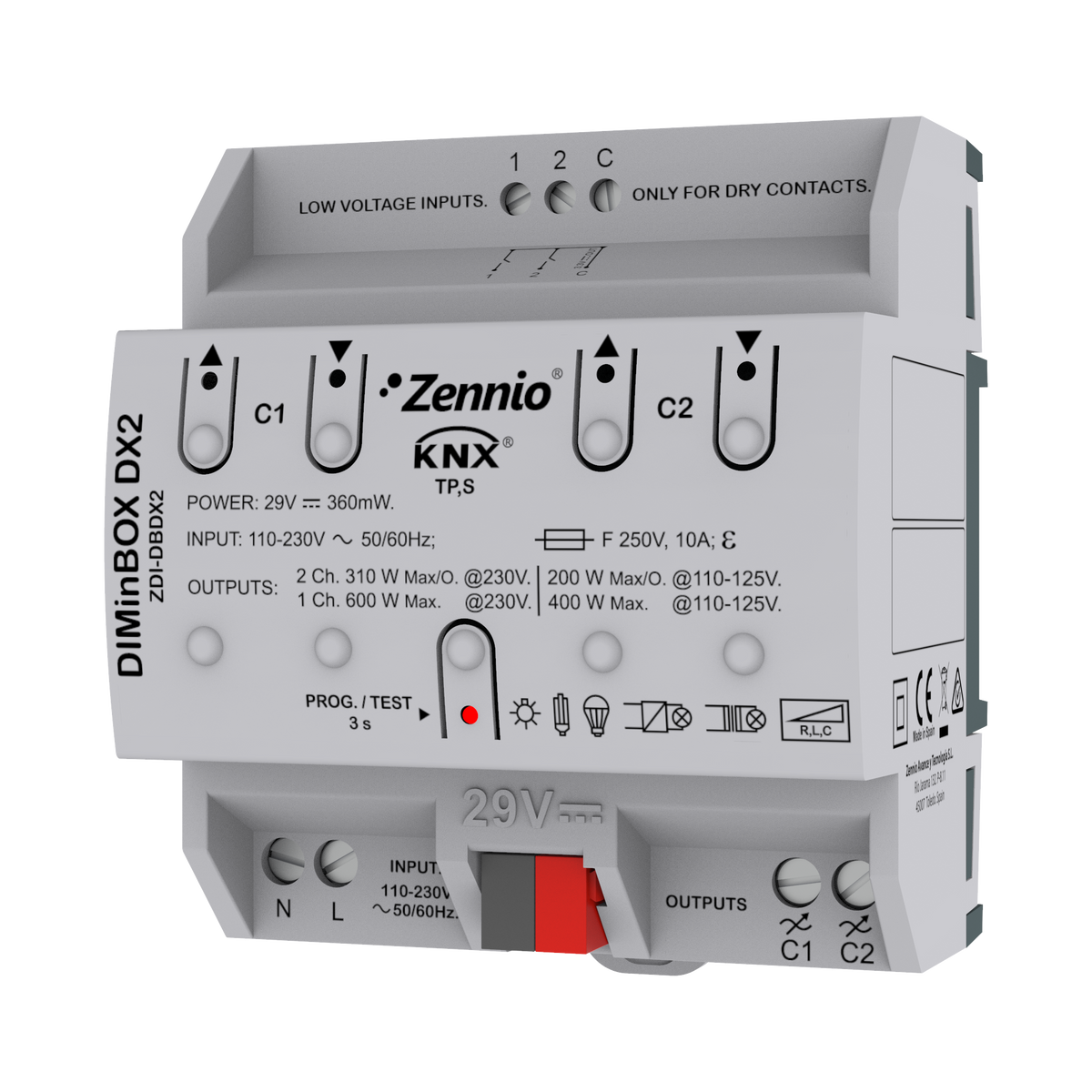 Zennio DIMinBOX DX2 – Universal dimmer actuator. 2 channels x 310W or 1 channel x 600W