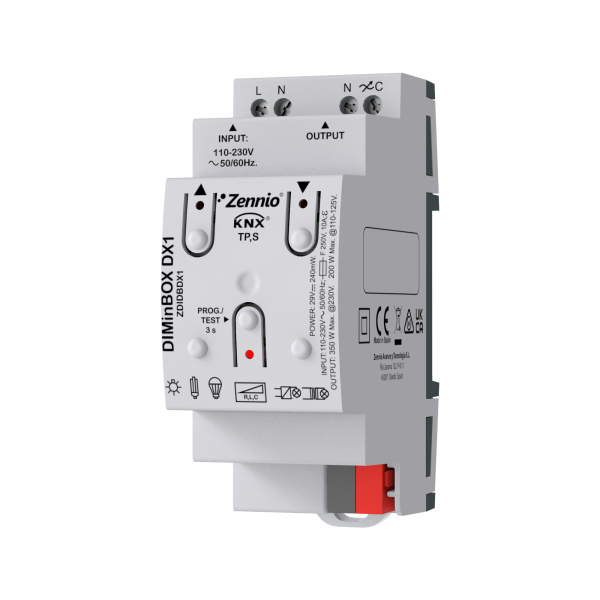 Zennio DIMinBOX DX1 – Universal dimmer actuator for DIN rail mounting. 1 channel x 350W