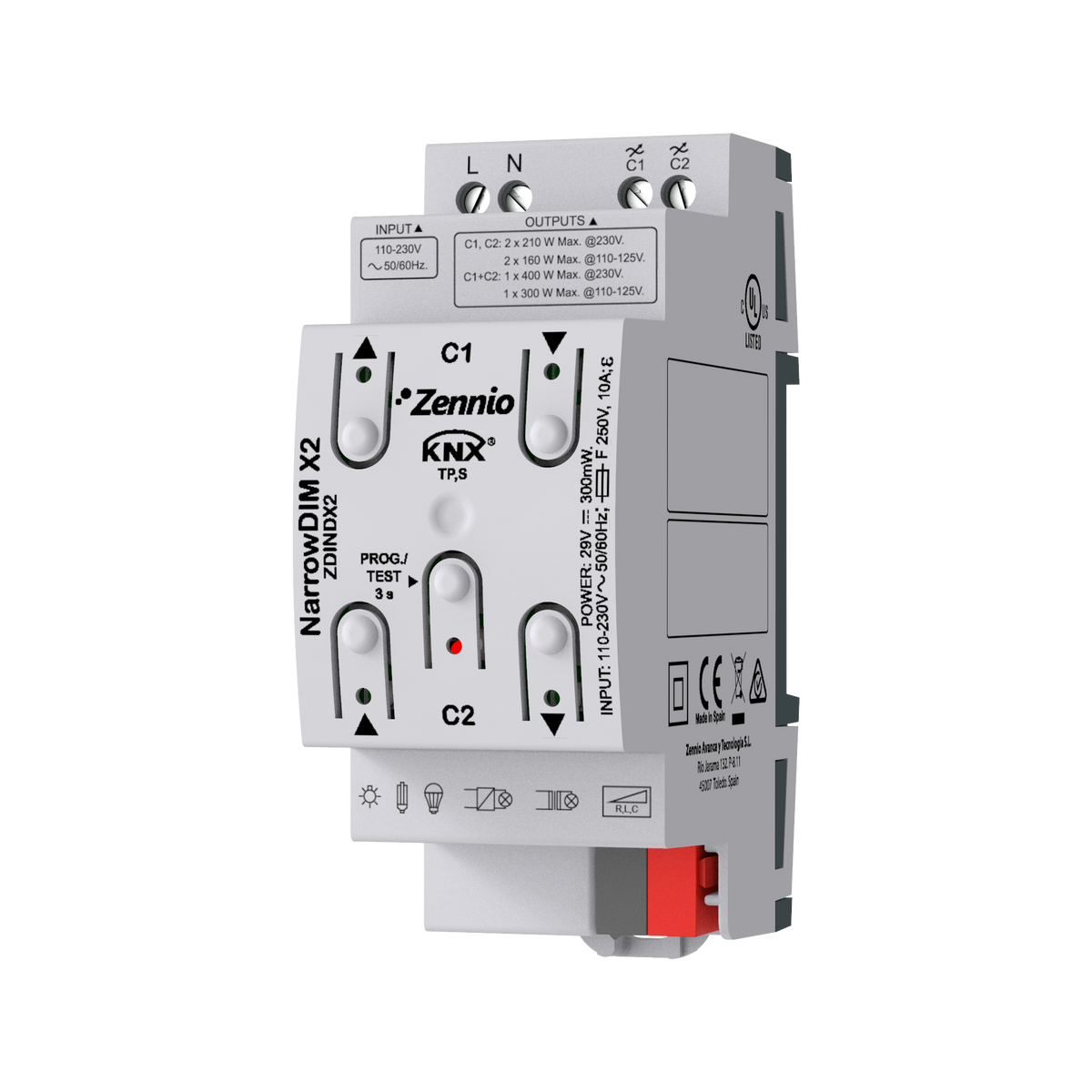 Zennio NarrowDIM X2 – Universal dimmer actuator. 2 channels x 210W. 2 DIN units