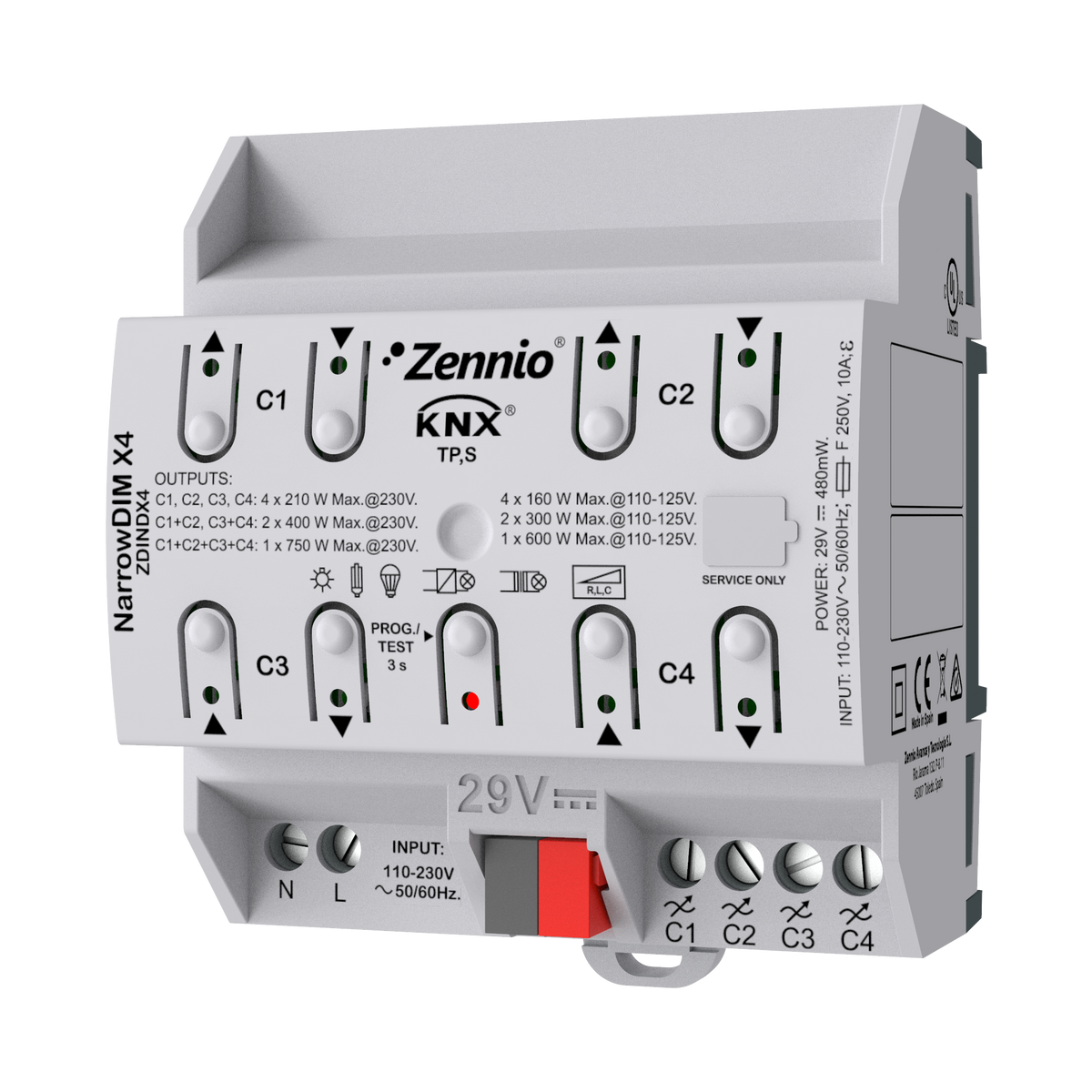 Zennio NarrowDIM X4 – Universal dimmer actuator. 4 channels x 210W. 4.5 DIN units