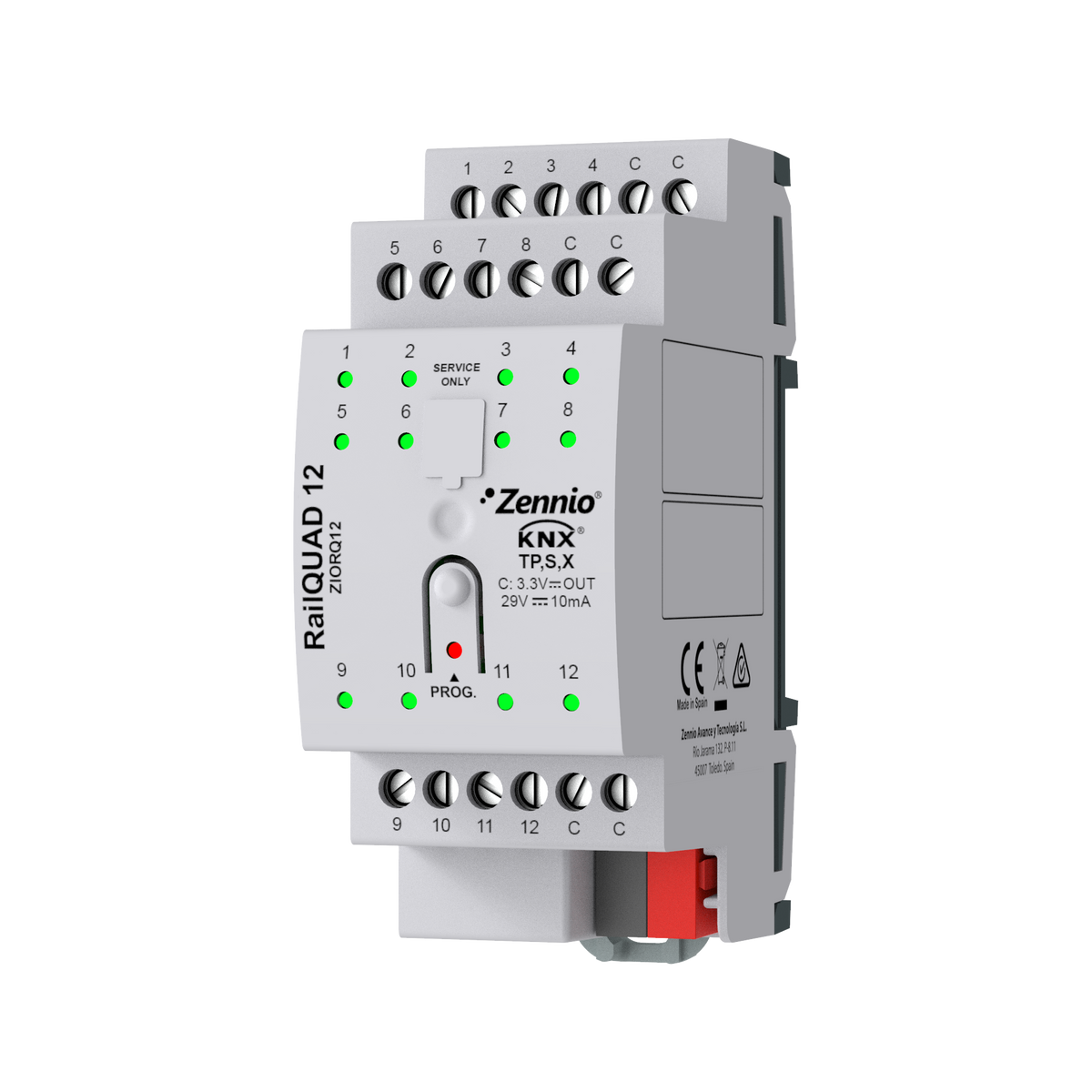 Zennio RailQUAD 12 – Input module with 12 analog-digital inputs for DIN rail with status indicator LEDs