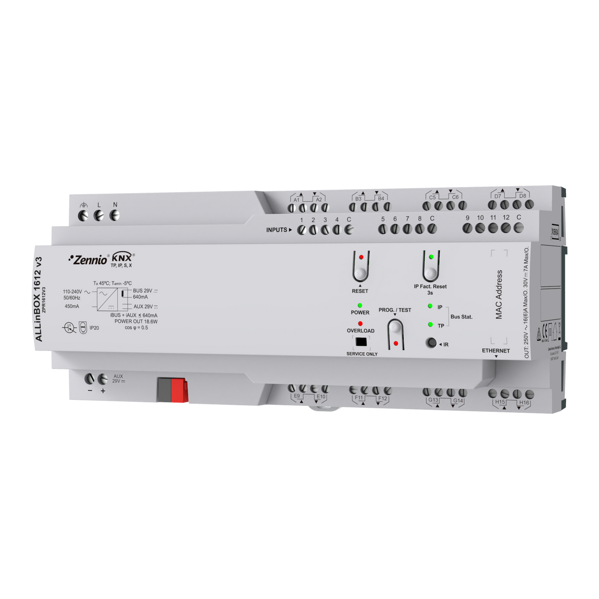 Zennio ALLinBOX 1612 v3 – Multifunction device with KNX power supply, KNX-IP Interface, 16 outputs/12 inputs and logic module