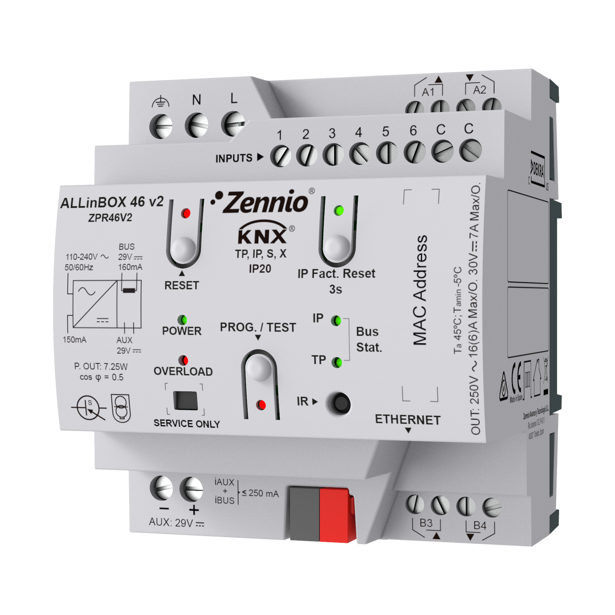 Zennio ALLinBOX 46 v2 – Multifunction device with KNX power supply, KNX-IP Interface, 4 outputs/6 inputs and logic module