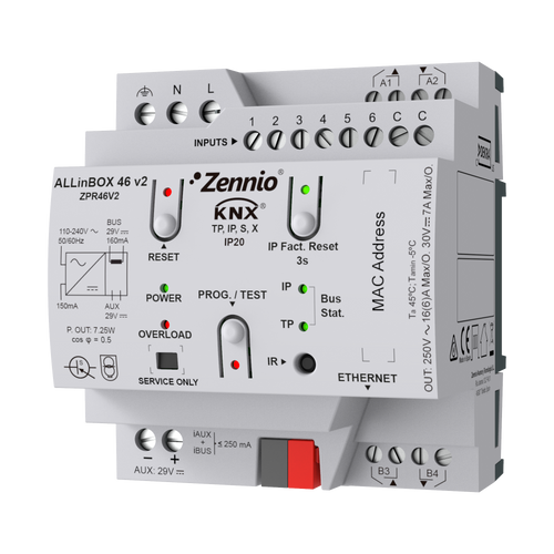 Zennio ALLinBOX 46 v2 – Multifunction device with KNX power supply, KNX-IP Interface, 4 outputs/6 inputs and logic module