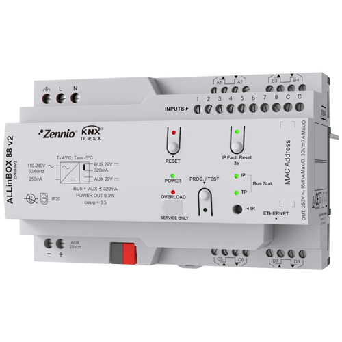 Zennio ALLinBOX 88 v2 – Multifunction device with KNX power supply, KNX-IP Interface, 8 outputs/8 inputs and logic module