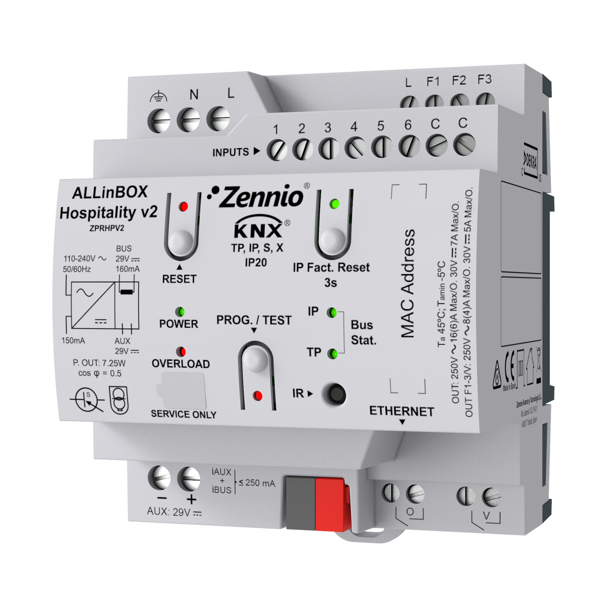 Zennio ALLinBOX Hospitality v2 – Multifunction device with KNX power supply, KNX-IP Interface, fan coil controller for 2-pipe unit and 6 a/d inputs