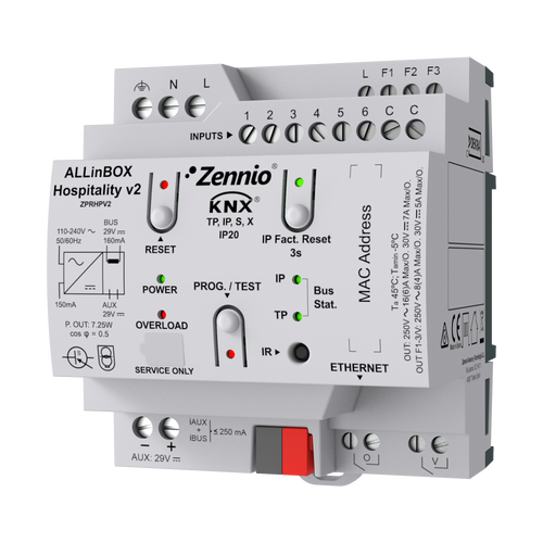 Zennio ALLinBOX Hospitality v2 – Multifunction device with KNX power supply, KNX-IP Interface, fan coil controller for 2-pipe unit and 6 a/d inputs